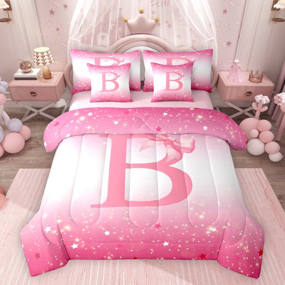 Feelyou Princess Monogrammed B Twin Bedding Sets 7-Piece, Bow Letter Bedding Comforter Set