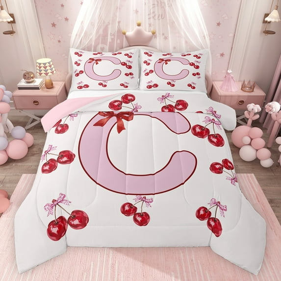 Feelyou Princess Monogrammed C Bedding Comforter Set, Fashion Ribbon Cherry Twin Comforter Sets, Teens Kids Girls Women Reversible Bedding Set, Lightweight Room Decor, 2-Piece