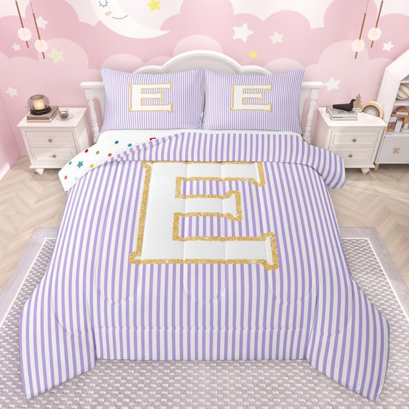 Feelyou Princess Monogrammed E Bedding Comforter Set for Teens, Kawaii Cartoon Letter Twin Comforter Sets, Modern Fashion Lines Reversible Bedding Set, Breathable Home Decor, 2-Piece