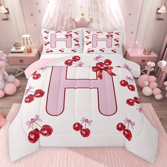 Feelyou Princess Monogrammed H Bedding Comforter Set, Fashion Ribbon Cherry Twin Comforter Sets, Teens Kids Girls Women Reversible Bedding Set, Luxury Bedroom Decor, 2-Piece