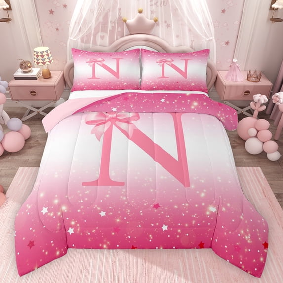 Feelyou Princess Monogrammed N Twin Comforter Sets, Kids Bow Letter Bedding Set, 2pcs