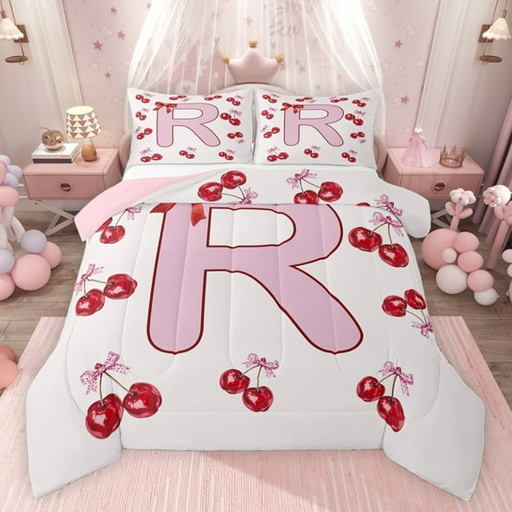 Feelyou Princess Monogrammed R Full Size Comforter Sets, Fashion Ribbon Cherry Bedding Comforter Set, Teens Kids Girls Women Reversible Bedding Sets, Breathable Home Decor, 3-Piece