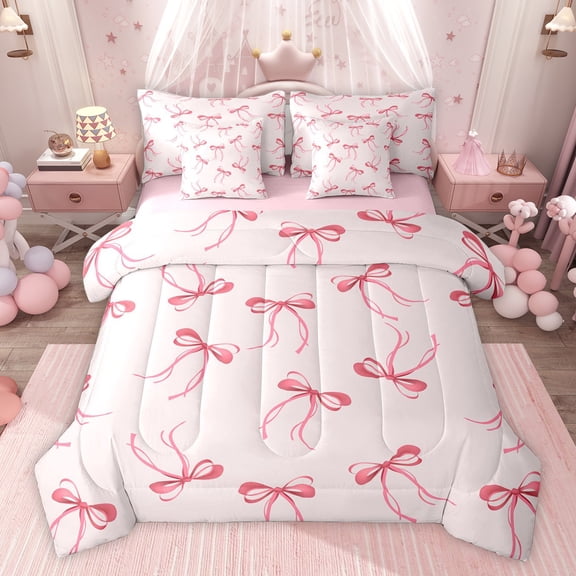 Feelyou Princess Pink Bow Bedding Comforter Set 7pcs for Kid, Cartoon Bowknot King Bedding Sets, Fairy Tale Style Reversible Bed Sheets, Super Cozy Room Decor