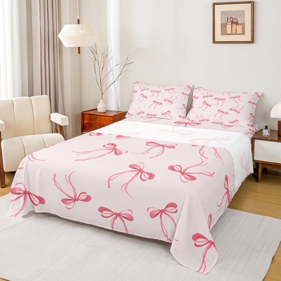 Feelyou Princess Pink Bow Full Size Sheets for Kid, Cartoon Bowknot Bed Sheets, Fairy Tale Style Sheet Sets, Super Cozy Room Decor, 4-Piece