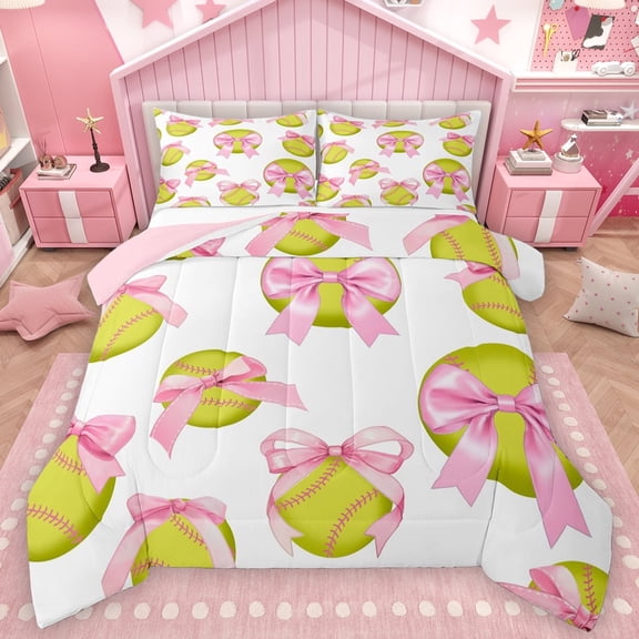 Feelyou Princess Pink Bow-tie Bedding Comforter Set for Teens, Cartoon Softball Print Twin Comforter Sets, Cute Ball Print Reversible Bedding Set, Ultra Soft Bedroom Decor, 2pcs