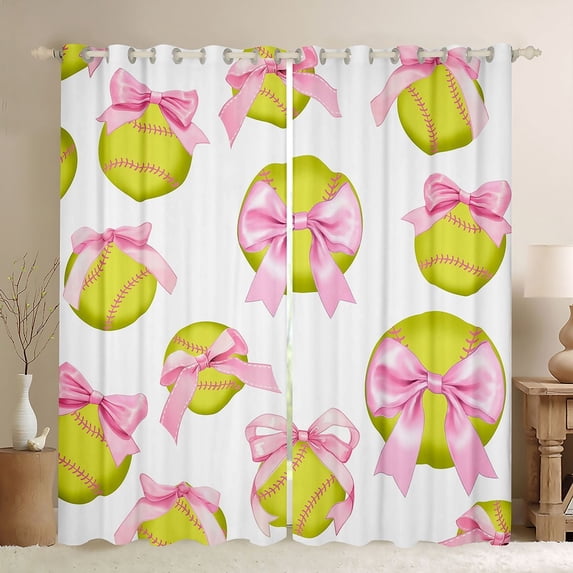 Feelyou Princess Pink Bow-tie Curtains Pack of 2 (42x84 Each) for Teens, Cartoon Softball Print Curtains Blackout, Cute Ball Print Bedroom Curtains, Curtains and Drapes Decor