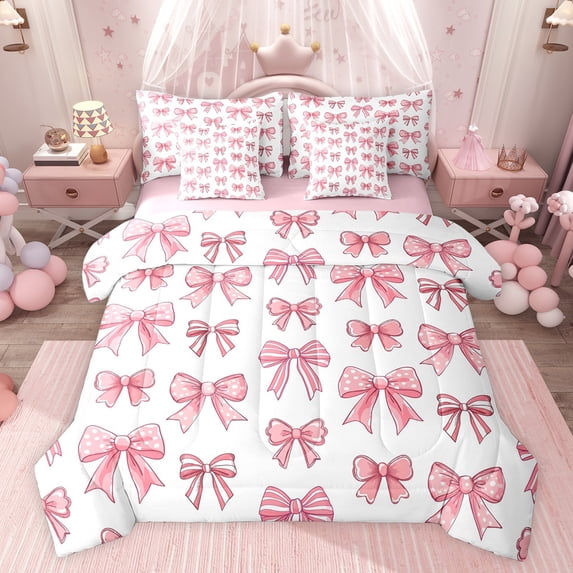 Feelyou Princess Pink Bowknot Bedding Comforter Set 7 Pieces for Kids, Cartoon Ribbon Ribbon Full Bedding Set, Cute Bow-tie Theme Reversible Fitted Sheet Flat Sheet, Ultra Soft Bedroom Decor