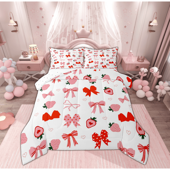 Feelyou Princess Pink Bowknot Bedding Comforter Set, Cartoon Strawberry Twin Comforter Sets, Kawaii Love Heart Reversible Bedding Set, Super Cozy Room Decor, 2 Pieces