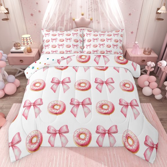 Feelyou Princess Pink Bowknot Full Size Comforter Sets for Kids, Cartoon Donut Dessert Bedding Comforter Set, Watercolor Bow-tie Theme Reversible Bedding Sets, Ultra Soft Bedroom Decor, 3pcs
