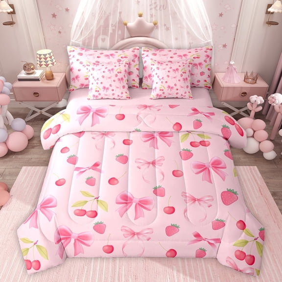 Feelyou Princess Pink Bowknot Twin Bedding Sets 7-Piece, Cartoon Cherry Strawberry Bedding Comforter Set, Teens Kids Girls Women Reversible Sheet Sets, Breathable Home Decor