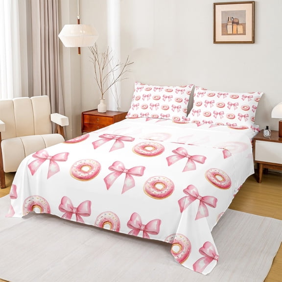 Feelyou Princess Pink Bowknot Twin Sheet Sets for Kids, Cartoon Donut Dessert Twin Fitted Sheet, Watercolor Bow-tie Theme Flat Sheet, Ultra Soft Bedroom Decor, 3pcs