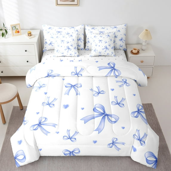 Feelyou Princess Ribbon Bedding Comforter Set 7 Pieces for Kid, Romantic Love Heart Full Bedding Set, Cartoon Bowknot Reversible Fitted Sheet Flat Sheet, Ultra Soft Home Decor
