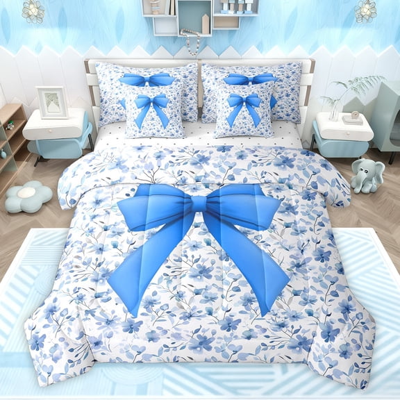 Feelyou Princess Ribbon Blue Twin Bedding Sets 7-Piece, Mandala Floral Flower Bedding Comforter Set, Watercolor Bowknot Reversible Sheet Sets, Ultra Soft Bedroom Decor