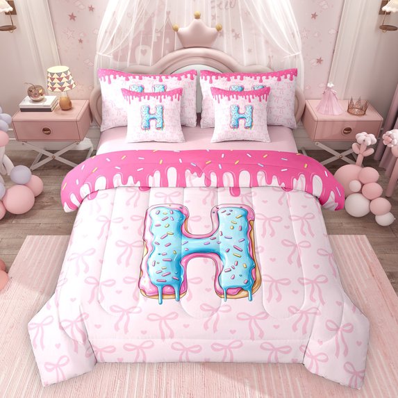 Feelyou Princess Ribbon Bow Twin Bedding Sets 7pcs, Pink Donut Initial H Comforter Set