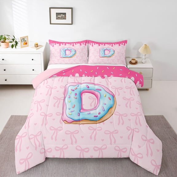 Feelyou Princess Ribbon Bow Twin Comforter Sets, Pink Donut Initial D Bedding Set, 2pcs