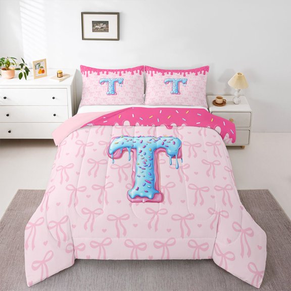 Feelyou Princess Ribbon Bow Twin Comforter Sets, Pink Donut Initial T Bedding Set, 2-Piece