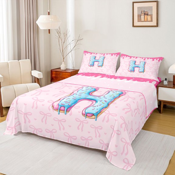 Feelyou Princess Ribbon Bow Twin Sheet Sets, Pink Donut Initial H Bedding, 3-Piece