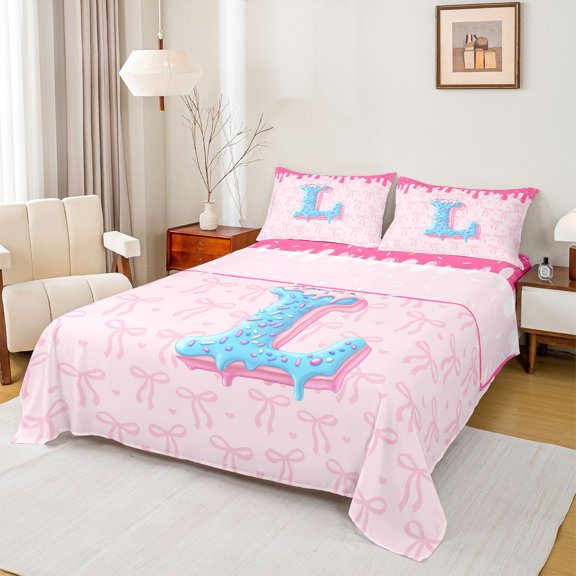 Feelyou Princess Ribbon Bow Twin Sheet Sets, Pink Donut Initial L Bedding, 3 Pieces