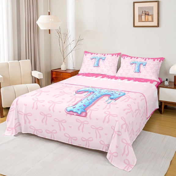 Feelyou Princess Ribbon Bow Twin Sheet Sets, Pink Donut Initial T Bedding, 3-Piece