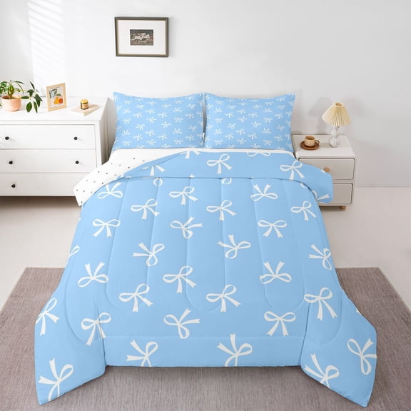 Feelyou Princess Ribbon Teen Queen Comforter Set, Blue Fashion Bowknot Bedding Set, 3pcs