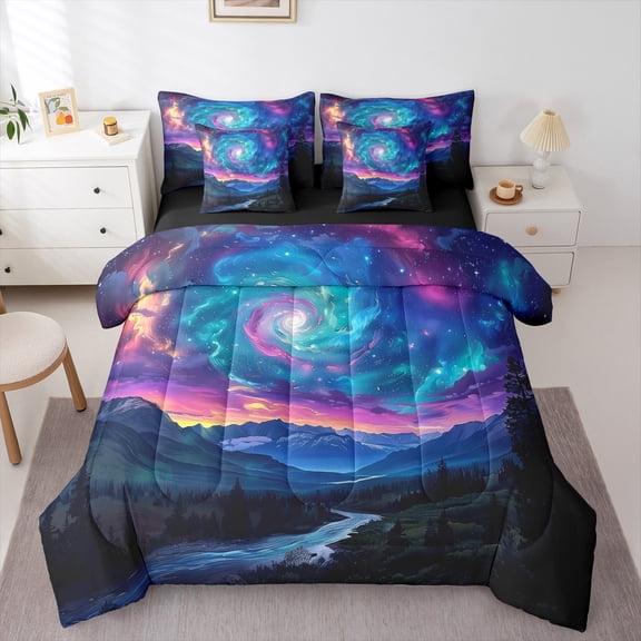 Feelyou Psychedelic Galaxy Bedding Comforter Set 7-Piece for Teen, 3D Nature Mountain King Bedding Sets, Glitter Stars Print Reversible Bed Sheets, Lightweight Room Decor