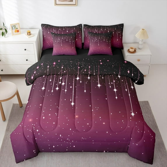 Feelyou Psychedelic Galaxy Kids Twin Bedding Sets 7-Piece, Bling Stars Print Bedding Comforter Set, Purple Black Reversible Sheet Sets, Microfiber Bedroom Decor