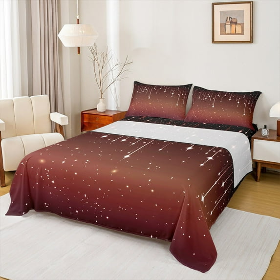 Feelyou Psychedelic Galaxy Kids Twin Sheet Sets, Bling Stars Print Twin Fitted Sheet, Dark Orange Black Flat Sheet, Luxury Bedroom Decor, 3-Piece