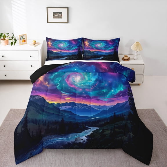 Feelyou Psychedelic Galaxy Queen Comforter Set for Teen, 3D Nature Mountain Bedding Sets, Glitter Stars Print Reversible Bedding Comforter Set, Lightweight Room Decor, 3 Pieces