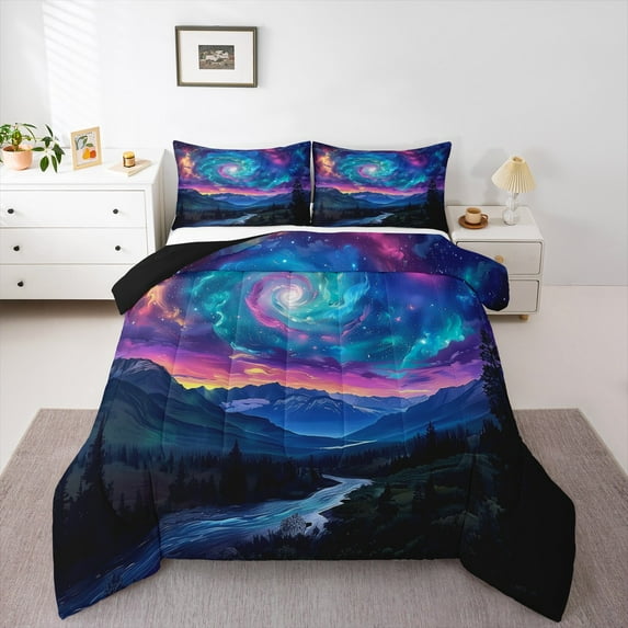 Feelyou Psychedelic Galaxy Queen Comforter Set for Teen, 3D Nature Mountain Bedding Sets, Glitter Stars Print Reversible Bedding Comforter Set, Lightweight Room Decor, 3 Pieces