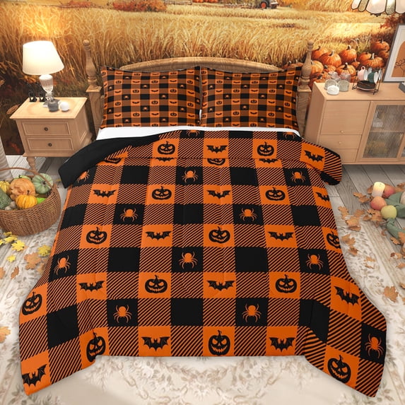 Feelyou Pumpkin Bat Animal Twin Comforter Sets, Patchwork Buffalo Bedding Set, 2 Pieces