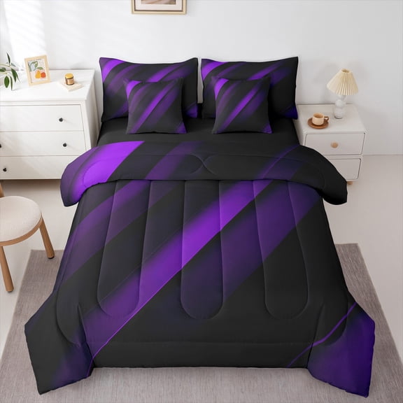 Feelyou Purple Abstract Ombre Bedding Comforter Set 7-Piece for Teen, Chic Geometric Stripes King Bedding Sets, Square Rectangle Reversible Bed Sheets, Microfiber Bedroom Decor