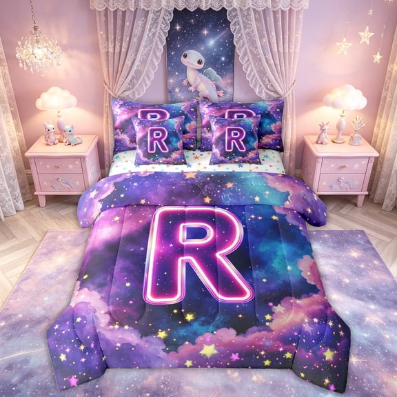 Feelyou Purple Alphabet R Twin Bedding for Kids, Deamy Galaxy Starry Monogram Bedding Comforter Set, Colorful Star Reversible, 7 Pieces