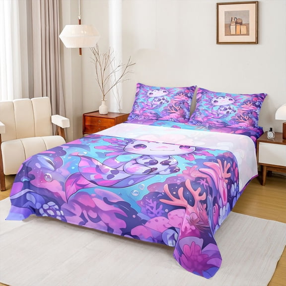Feelyou Purple Axolotl Teens Twin Sheet Sets, Kawaii Ocean Animal Twin Fitted Sheet, Dreamy Marine Coral Flat Sheet, Luxury Bedroom Decor, 3 Pieces