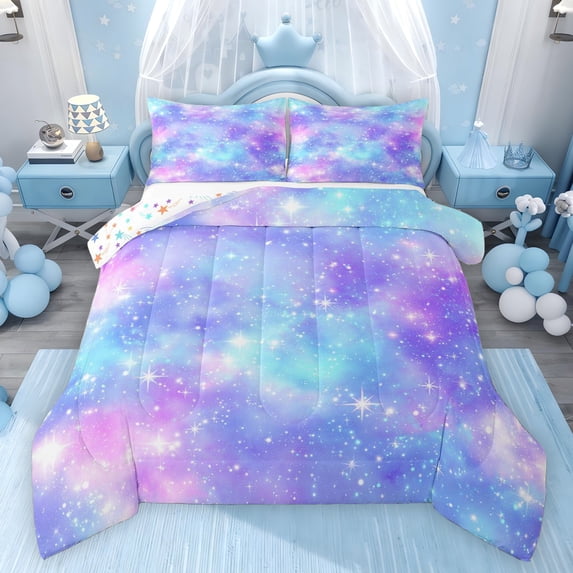 Feelyou Purple Blue Sky Queen Comforter Set, Stars Teen Kid Bedding Comforter Set, 3pcs