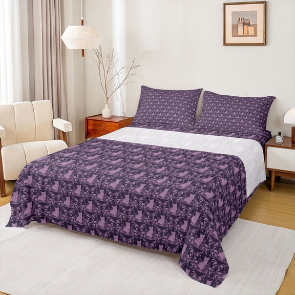 Feelyou Purple Bohemian Damask Bed Sheets, Tribal Gothic Cat King Sheets, 4pcs