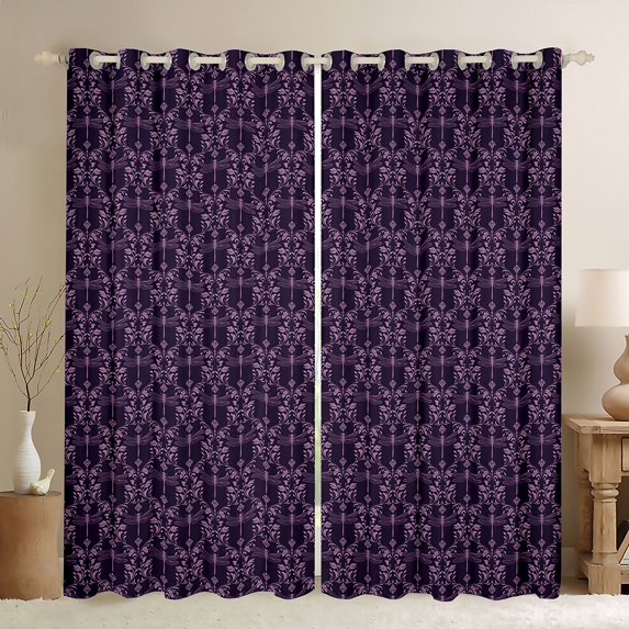 Feelyou Purple Boho Damask Black Out Curtains, Dragonfly Curtains Pack of 2 (42x63 Each)