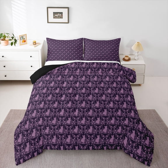 Feelyou Purple Boho Damask Queen Comforter Set, Tribal Gothic Cat Bedding Set, 3pcs