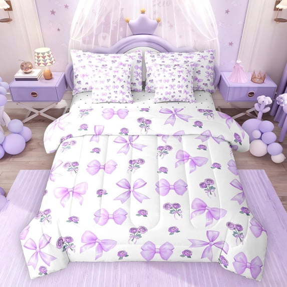 Feelyou Purple Bowknot Ribbon Bedding Comforter Set 7pcs, Romantic Flower Full Bedding Set