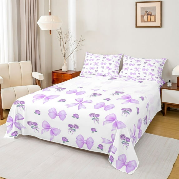 Feelyou Purple Bowknot Ribbon Full Size Sheets, Romantic Flower Floral Bed Sheets, 4pcs