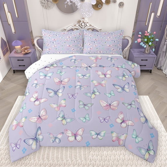 Feelyou Purple Butterfly Animal Full Size Comforter Sets for Child, Kawaii Cartoon Flower Bedding Comforter Set, Dreamy Princess Style Reversible Bedding Sets, Lightweight Room Decor, 3-Piece