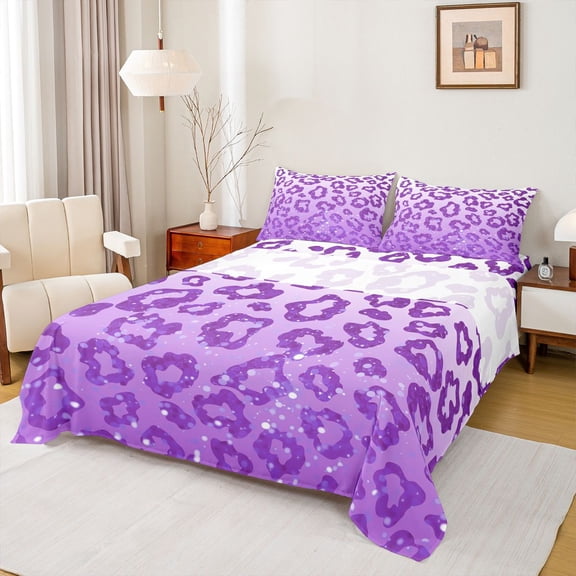 Feelyou Purple Cheetah Print Bed Sheets, Glitter Polkadots King Sheets, 4 Pieces