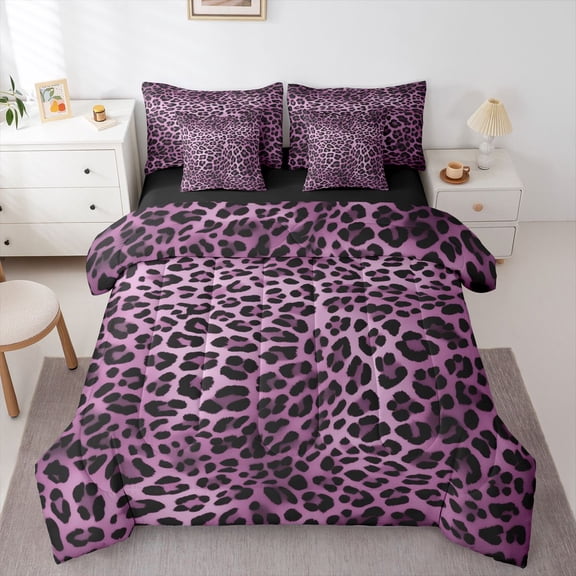 Feelyou Purple Cheetah Print Bedding Comforter Set 7pcs for Teens, Fashion Polkadots Abstract Queen Bedding Sets, Leopard Animal Reversible Queen Sheet Sets, Breathable Home Decor