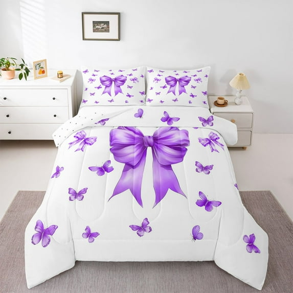 Feelyou Purple Cute Bow Knot Twin Comforter Sets, Butterfly Ribbon Bedding Set, 2 Pieces