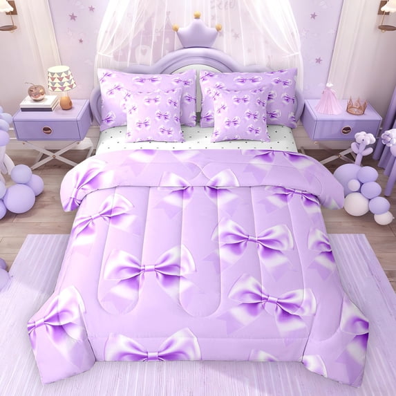 Feelyou Purple Cute Bowknot Bedding Comforter Set 7pcs, Fairy Princess King Bedding Sets