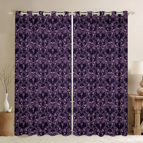 Feelyou Purple Damask Flower Black Out Curtains, Skull Curtains Pack of 2 (42x63 Each)