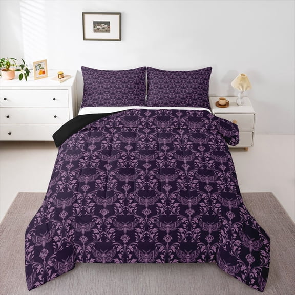 Feelyou Purple Damask Flower Queen Comforter Set, Boho Gothic Moth Bedding Set, 3pcs