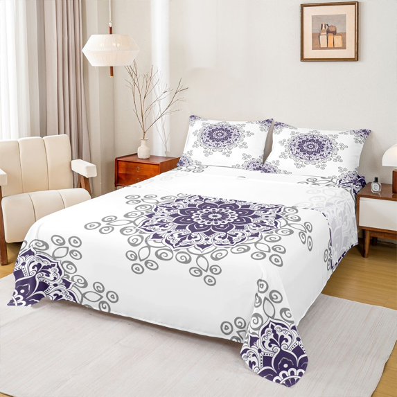 Feelyou Purple Damask Flower Twin Sheet Sets, Boho Western Fashion Bedding, 3 Pieces