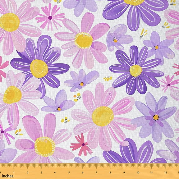 Feelyou Purple Floral Teens Fabric by the Yard 1 Yard, Kawaii Flower Room Decor Fabric by the Yard, Princess Cartoon Style Fabric for Sewing, Luxury Bedroom Decor