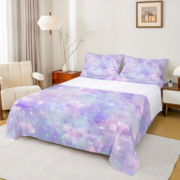 Feelyou Purple Flower Floral Twin Sheet Sets for Kids, Mystic Stars Print Twin Fitted Sheet, Cartoon Starry Sky Flat Sheet, Super Cozy Room Decor, 3pcs