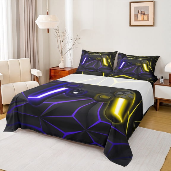Feelyou Purple Game Console Bed Sheets for Kids, Neon Glowing Honeycomb King Sheets, Gaming Gamer Sheet Set, Breathable Home Decor, 4 Pieces